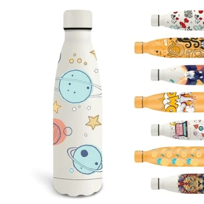 Imagen de Grsta Botella Termica, 500ml Agua Niños, Personalizada con Planetas, Metal sin BPA, Mantiene 24H Frio/12H Calor, Reutilizable para Caliente, Café, Té, Blanco
