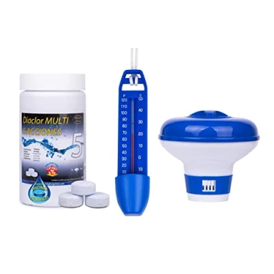 Imagen de Kit Cloro Piscinas Pequeñas DIACLOR Multi 5 ACCIONES 1 KG (Pastillas 20 GR) SIN Cobre + DOSIFICADOR TERMÓMETRO