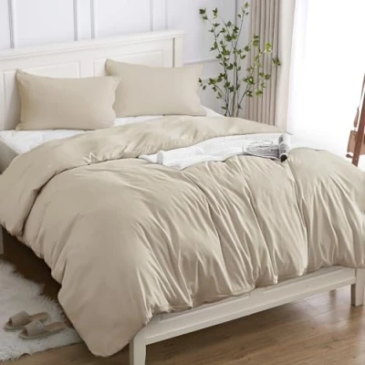 Imagen de Cotopuro Funda Nórdica Cama 105/120 de 100% Algodón, Juego Edredón 200x200 y 2 Fundas Almohada 50x80 Algodón Premium 150GSM, Suave, Transpirable, Hipoalergénico Beige