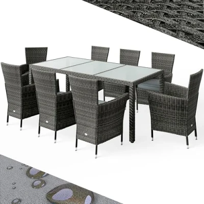 Imagen de CASARIA® Conjunto Jardín Poliratán 8 Sillas Apilables Mesa Cristal 190x90cm Resistente Intemperie Muebles Terraza Gris