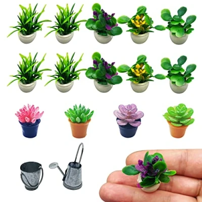 Imagen de PFLYPF Juego de 14 macetas flores falsas artificiales para decoración casa muñecas 1:12, interior jardín verde, con 1 regadera y un cubo