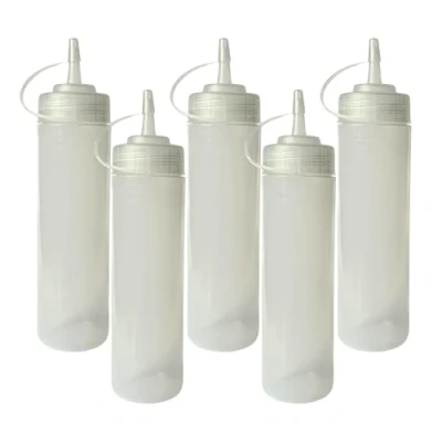 Imagen de HR Hogar Botella de Salsas Squeeze, 5 unds 350 mL, Botellas Exprimibles Reutilizables y Reciclables Sin BPA, Dispensador con Tapón Antifugas Goteo Fabricado en España (Transparente)