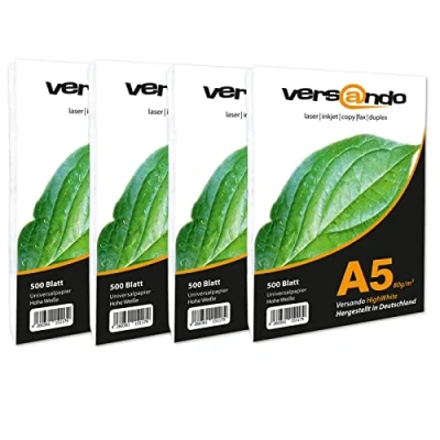 Imagen de versando 5000 Folios DIN A5 (148 x 210 mm) Papel de impresión ecológico Blanco Brillante 80 Certificado medioambiental Universal para impresión, fax, etc g/qm