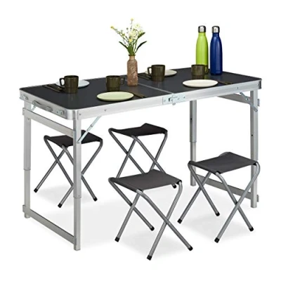Imagen de Relaxdays Campingtisch Set Muebles Camping, Plegable, 4 Sillas, Mesa, Altura Ajustable, 120 x 60 cm, Aluminio, MDF, Plateado/Gris, Tablero de Fibras