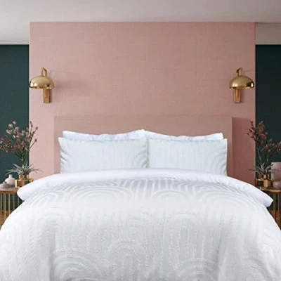 Imagen de Sleepdown Juego de Funda edredón con Textura geométrica, diseño Arco copetuado, Color Blanco, Suave y fácil cuidar, tamaño Super King (220 x 260 cm)