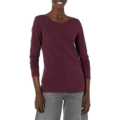 Imagen de Amazon Essentials Camiseta de Cuello Caja, Manga Larga y Ajuste Clásico (Disponible en Tallas Grandes) Mujer, Burdeos, XL