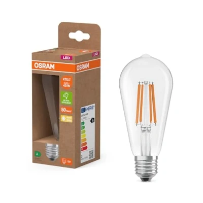 Imagen de OSRAM con forma clásica de globo, filamento LED decorativo en diseño esmerilado, A, E27, 7,2 W, 1521 lm, 2700 K, blanco cálido. Sin calentar, 100% luz inmediatamente.