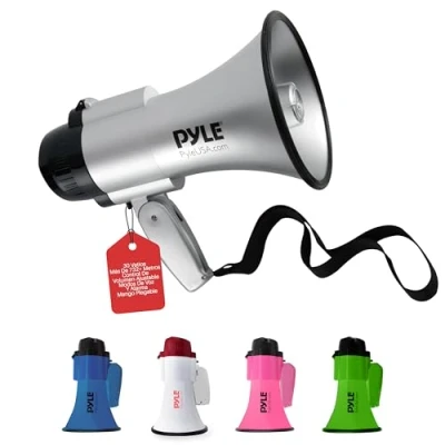 Imagen de Pyle megafono, Portatil, Altavoz, Sirena, Compacto, Funciona con Pilas, Potencia de 30V, Microfono, Sonido PA, Mango Plegable, Ideal para policias, Porristas, Entrenadores