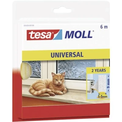 Imagen de tesa 05428 00100 00 tesamoll Universal Burlete de Espuma Adhesiva para Ventanas y Puertas Junta Aislante Térmico Acústico Rellena Huecos 1 a 5 mm Tamaño: 6 m x 9 Blanco