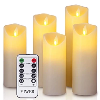 Imagen de YIWER LED Velas sin Llama Φ 2.2 x H 5.5 &quot;6&quot; 6.5&quot; 7&quot; 8&quot; Juego de 5 Pilas Cera Real no plástico 10 Teclas con 2/4/6/8 Horas Función del Temporizador 300 (5x1, Marfil)