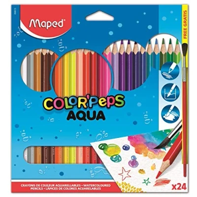 Imagen de Maped Pinturas de Madera Lápices Colores Aqua 24 Incluye 1 Pincel Mina Acuarelable Ideal para Humedecer con el Tras su Aplicación