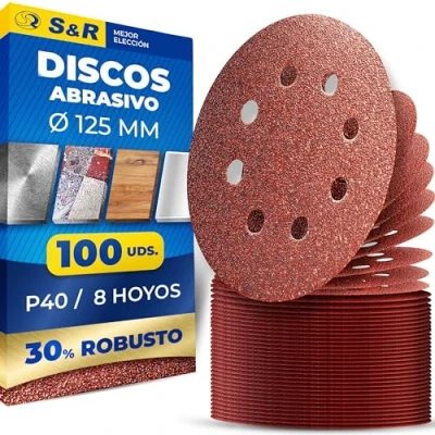 Imagen de S&amp;R 100 Discos de Lija 125mm grano 40 Papel para Lijadora orbital Bosch Parkside Einhell Makita 125 mm. Hojas Madera Metal Pintura