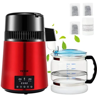 Imagen de VEVOR Destilador de Agua 4 L Filtro Destilación con Recipiente Vidrio 750 W 1 L/H Ajuste Velocidad, Purificador 7,9 lbs Acero Inoxidable Temperatura Doble, Rojo