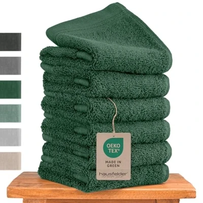 Imagen de Hausfelder Set de Toallas Invitados Premium con Lazo para Colgar 100% algodón Certificado Oeko Tex, pequeñas, Suaves y absorbentes (Verde Oscuro, 6 pequeñas 50x30 cm)