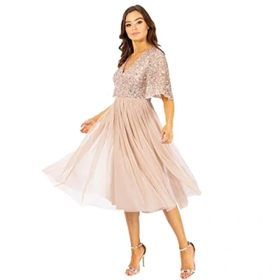 Imagen de Maya Deluxe Vestido Midi Adornado con Mangas Cortas vuelos Dama de Honor, Rubor, 48 para Mujer