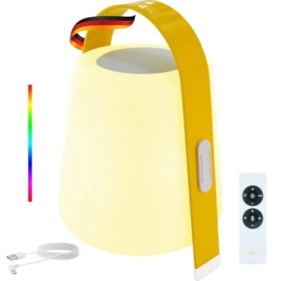 Imagen de SCHWAIGER 661750 Lámpara de mesa portátil Altavoz Bluetooth Batería RGB LED cabecera Luz exterior jardín musical Mango 5W antisalpicaduras
