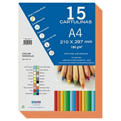 Imagen de Dohe Cartulinas A4 Color Naranja para Manualidades e Impresión (15 uds.) 21x29,7 cm 180 g/m² Material de oficina