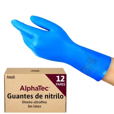 Imagen de Ansell AlphaTec 37 310 Guantes de Nitrilo Reutilizables, Protección Química y Seguridad Alimentaria, Trabajo Multiusos, Cocina Limpieza del Hogar, Azul, Talla L (12 Pares)