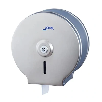Imagen de Jofel Portarrollos de Papel Higiénico Industrial Mediano, Dispensador en Rollos hasta 300m, max. 220mm Diámetro, Mandril 18 a 55mm, Carcasa Acero Inoxidable Satinado, Clásico AE21300