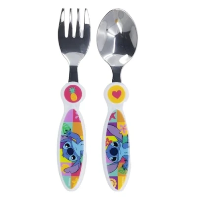 Imagen de Set de 2 cubiertos infantiles acero inoxidable compuesto tenedor y cuchara Stitch