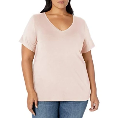 Imagen de Amazon Essentials Camiseta de manga corta y cuello en pico (disponible tallas grandes) Mujer, Rosa Claro, XXL Grande