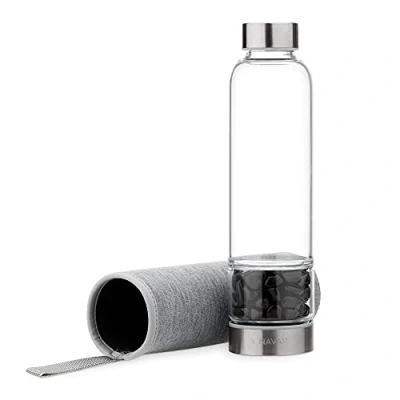 Imagen de Navaris Botella con Piedra obsidiana de Agua Cristal 420 ML Funda Neopreno y Piedras volcánico Negro Decorativo