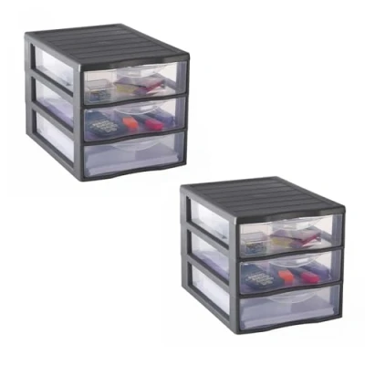 Imagen de SUNDIS Orgamix, 2 torres de almacenamiento plástico, 3 cajones transparentes formato papel A4, altura 25,5 cm, apilables, ideales para oficina, lecciones, documentos, suministros