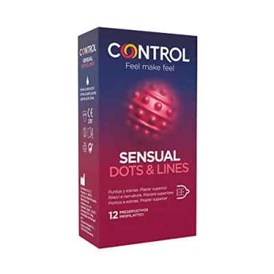 Imagen de Control Preservativos Sensual Dots &amp; Lines Caja de condones, con puntos y estrías para la estimulación, lubricados estriados, ajuste perfecto, sexo seguro, 12 unidades