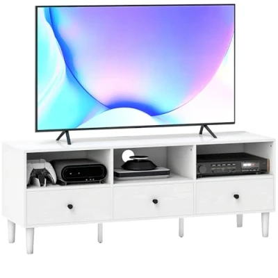 Imagen de HOMCOM Mueble de TV Moderno para Salón con 3 Compartimentos Abiertos Cajones y Orificio Cables Televisión 45/55/65 Pulgadas 120x34x45 cm Blanco