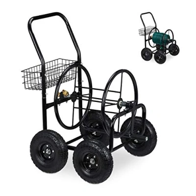 Imagen de Relaxdays Carro Portamangueras, hasta 75 m, 4 Neumáticos, Acoplamiento por Clic, Cesta, Soporte Mangueras Metal, Negro