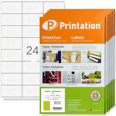 Imagen de Printation Etiquetas 70x36 mm, 12000 Stickers 70 x 36 mm autoadhesivas para direcciones en 500 hojas DIN A4, 3x8 24 direcciones/hoja, adhesivas 3475 3490 6122 1298
