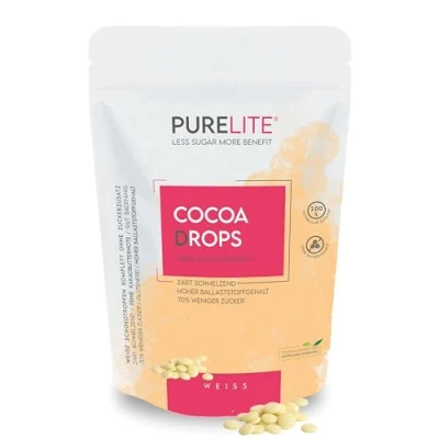 Imagen de PURELITE Cocoa Drops blanco 450g, gotas de chocolate sin azúcar añadido con eritritol &amp; stevia regusto, reducido, menos calorías, 70%