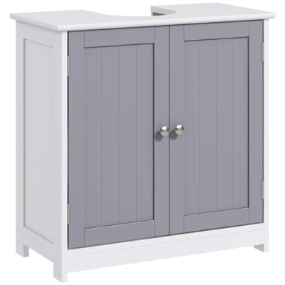 Imagen de kleankin Armario de almacenamiento retro para debajo del fregadero (60 x 60 cm, con asas ajustables estante baño, organizador ahorrar espacio, color blanco y gris