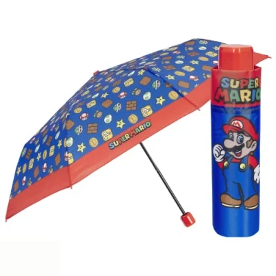 Imagen de PERLETTI Paraguas Plegable Super Mario Bros para Niños Mini Rojo Azul Supermario Niño 4 5 6 7 Años Resistente Apertura Manual Antiviento Ligero Compacto Diámetro 91 cm