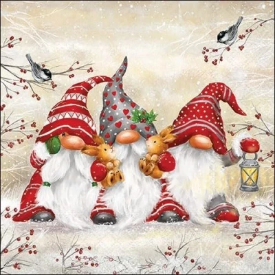 Imagen de Servilletas de papel para decoración mesa, 20 unidades, con diseño tres gnomos rojos en ramas, también decoupage y decoupage, 33 x cm