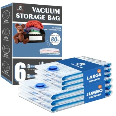 Imagen de CaptainFive Bolsas Vacio Ropa 6 Piezas 3XL + 3L, de Almacenaje al Vacio, para Guardar Ropa, Cama, Edredones, Almohadas, Mantas, Ahorro Espacio