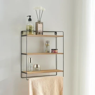 Imagen de [en.casa] Estantería de Pared 3 Niveles Estantes Flotantes para Baño con Toallero Mural Metal/Aglomerado 43 x 38 11 cm Negro/Efecto Madera