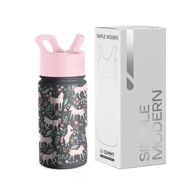 Imagen de Simple Modern Kids Water Bottle with Straw Lid Insulated Stainless Steel Reusable Tumbler for Toddlers, Girls, Boys Summit Collection 14oz, Unicorn Fields