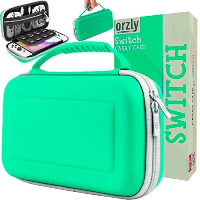 Imagen de Orzly Funda Switch para Nintendo Switch/Switch OLED temática de Animal Crossing con Accesorios y Almacenamiento Tarjetas Juego Protectora Viaje (Verde/Blanco)