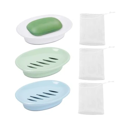 Imagen de jabonera de 3 piezas con malla espuma piezas, ovalada, bandeja drenaje, antideslizante, adecuada para baño, cocina, balcón