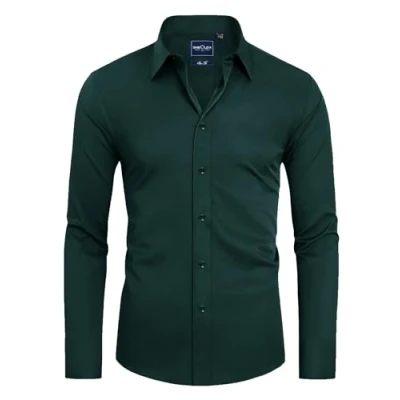 Imagen de DEMEANOR camisa de manga larga para hombre, negocios corte ajustado, sin planchado, informal verde oscuro, S