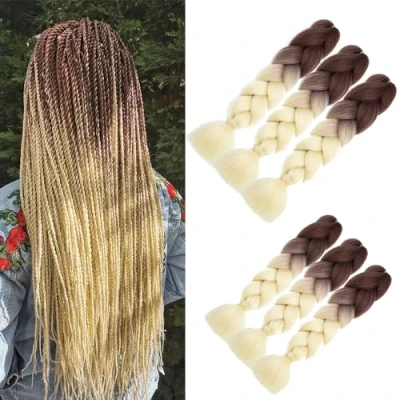 Imagen de Extensiones de pelo trenzado, 6 unidades, color marrón, resistentes al calor, para peinados en casa, croché, caja trenzas, 60 cm (marrón/rubio)