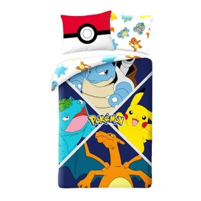 Imagen de Juego de cama Pokemon Evolution para niños, funda nórdica reversible 140 x 200 cm + almohada, con Pikachu, Tortank (Carapuce), Dracaufeu (Salamèche) y Florizarre (Bulbizarre)