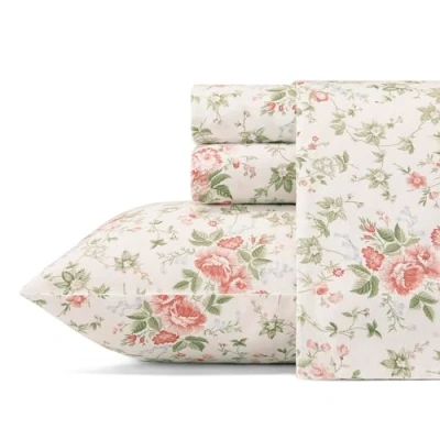 Imagen de Laura Ashley Sheets Juego de Ropa Cama algodón Satinado, Elegante, Suave y Transpirable para decoración del hogar, Lilian Coral, Matrimonio Doble