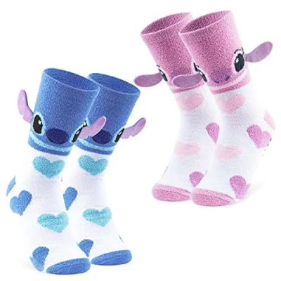 Imagen de Disney Calcetines Antideslizantes Mujer, Pack de 2 Casa Stitch y Angel (Rosa/Azul Corazón)