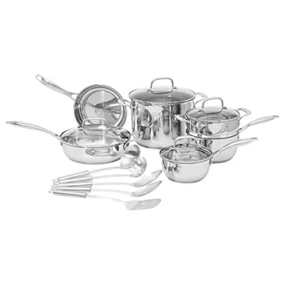 Imagen de Amazon Basics Juego de 15 piezas ollas, sartenes y utensilios acero inoxidable, Plateado