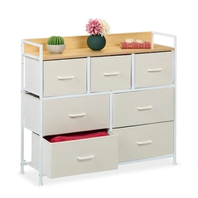 Imagen de Relaxdays Cómoda 7 Cajones, 85 x 100 30,5 cm, Mueble Recibidor, Pasillo y Dormitorio, Cajonera Moderna, Beige Blanco, Hierro