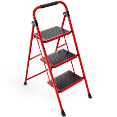 Imagen de KINGRACK Escalera de 3 escalones, Plegable con Pedal Antideslizante y Ancho, pequeña asa, Acero Resistente, Ligera portátil, Color Rojo