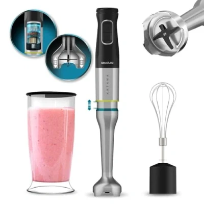 Imagen de Cecotec Batidora de Mano Katana 15 Cream B. 1500 W, 21 Velocidades y Turbo, 4 hojas con Titanio Negro, Campana antisalpicaduras, Pie extralargo,Varillas monta claras, Vaso 800 ml