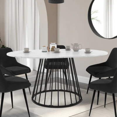Imagen de YUNA mesa de comedor redonda extensible 4 8 personas ALASKA tablero efecto mármol blanco y negro 110 150 cm IDMarket